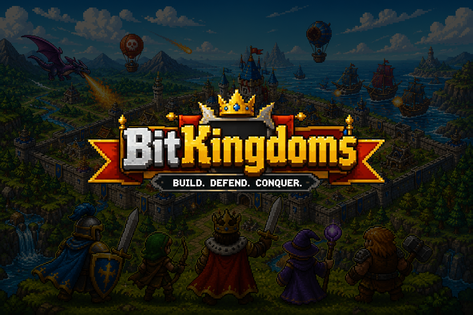 BitKingdoms: pixel-art fantasy kingdom with heroes overlooking a walled castle, dragon, and fleet at sea