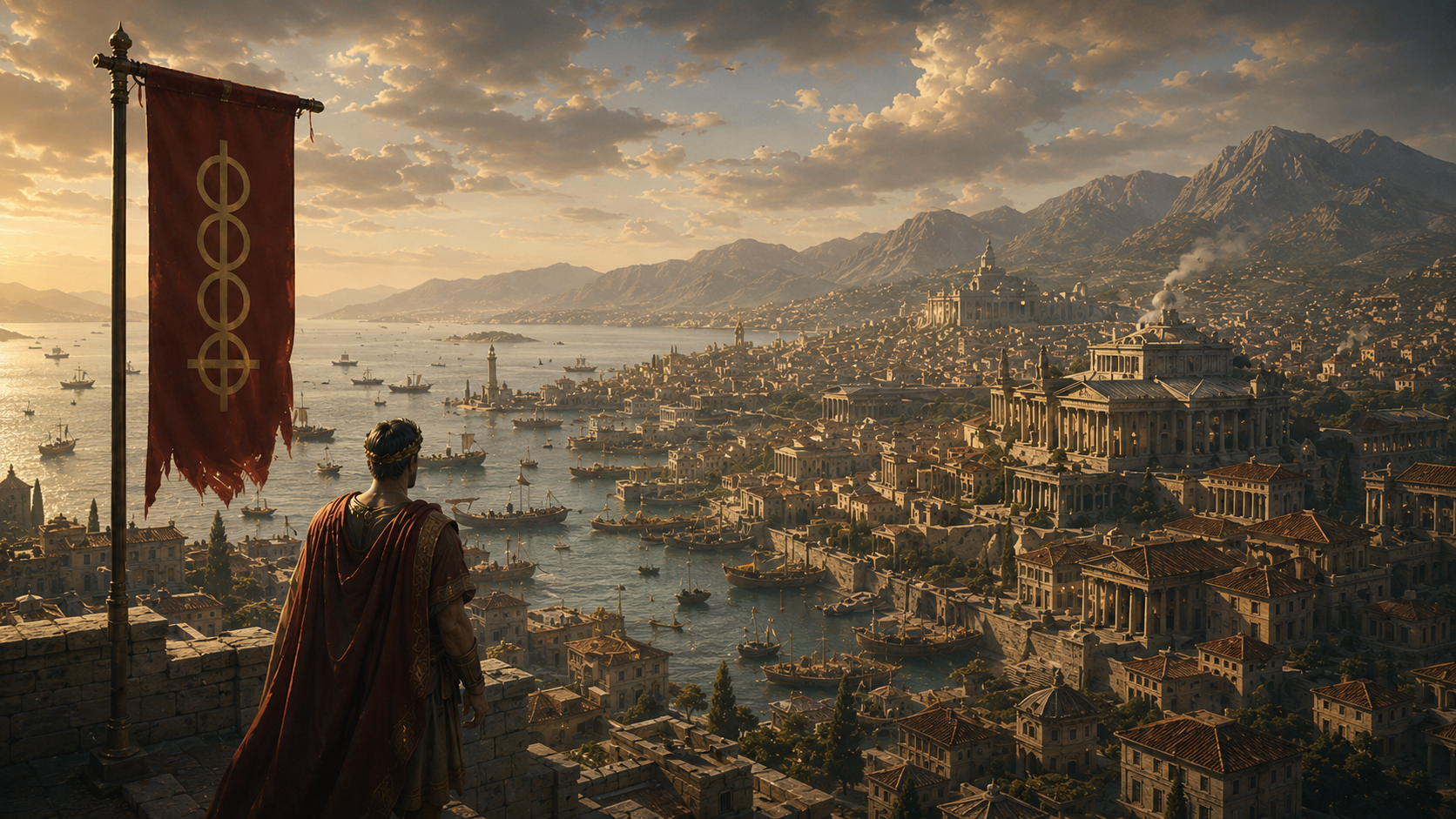 BitNations Classic: laurel-crowned ruler overlooking an ancient coastal city and harbor fleet at sunset