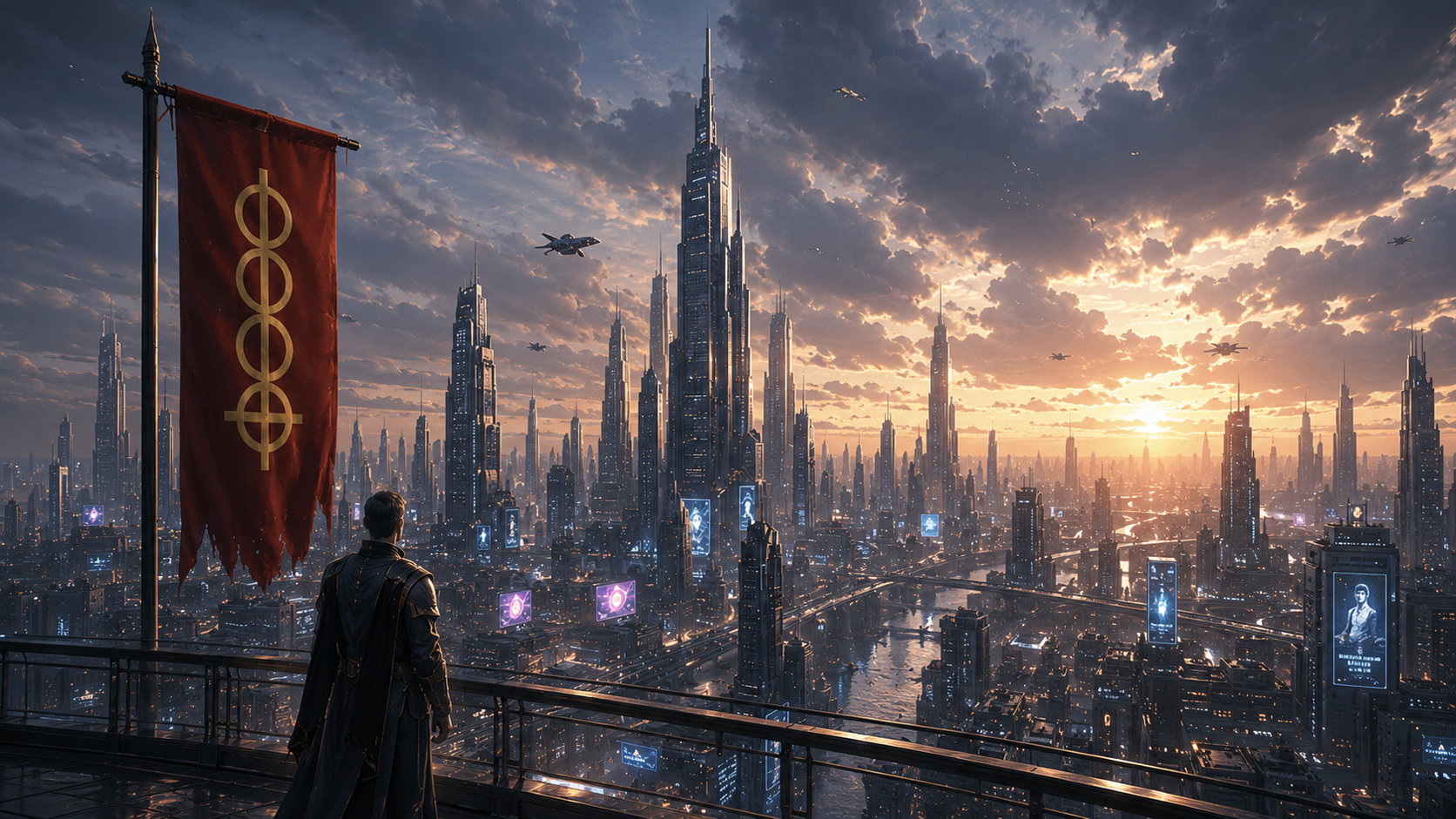 BitNations: cloaked leader overlooking a futuristic cityscape with flying ships at sunset